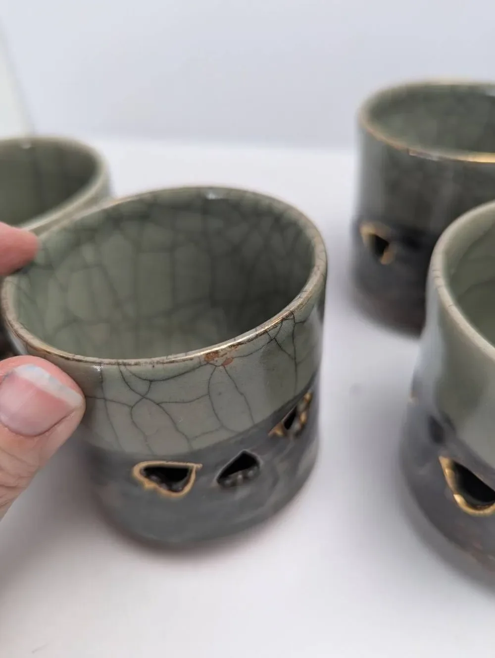 Vintage Somayaki Japanese Tea Cups Set of 6  Crackle Celadon Double Walled Horse